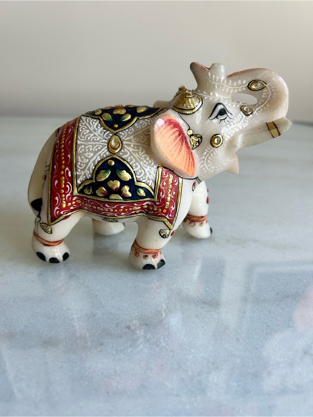 Vintage Hand Carved Marble Elephant Figurine Trunk Up India Boho Decor